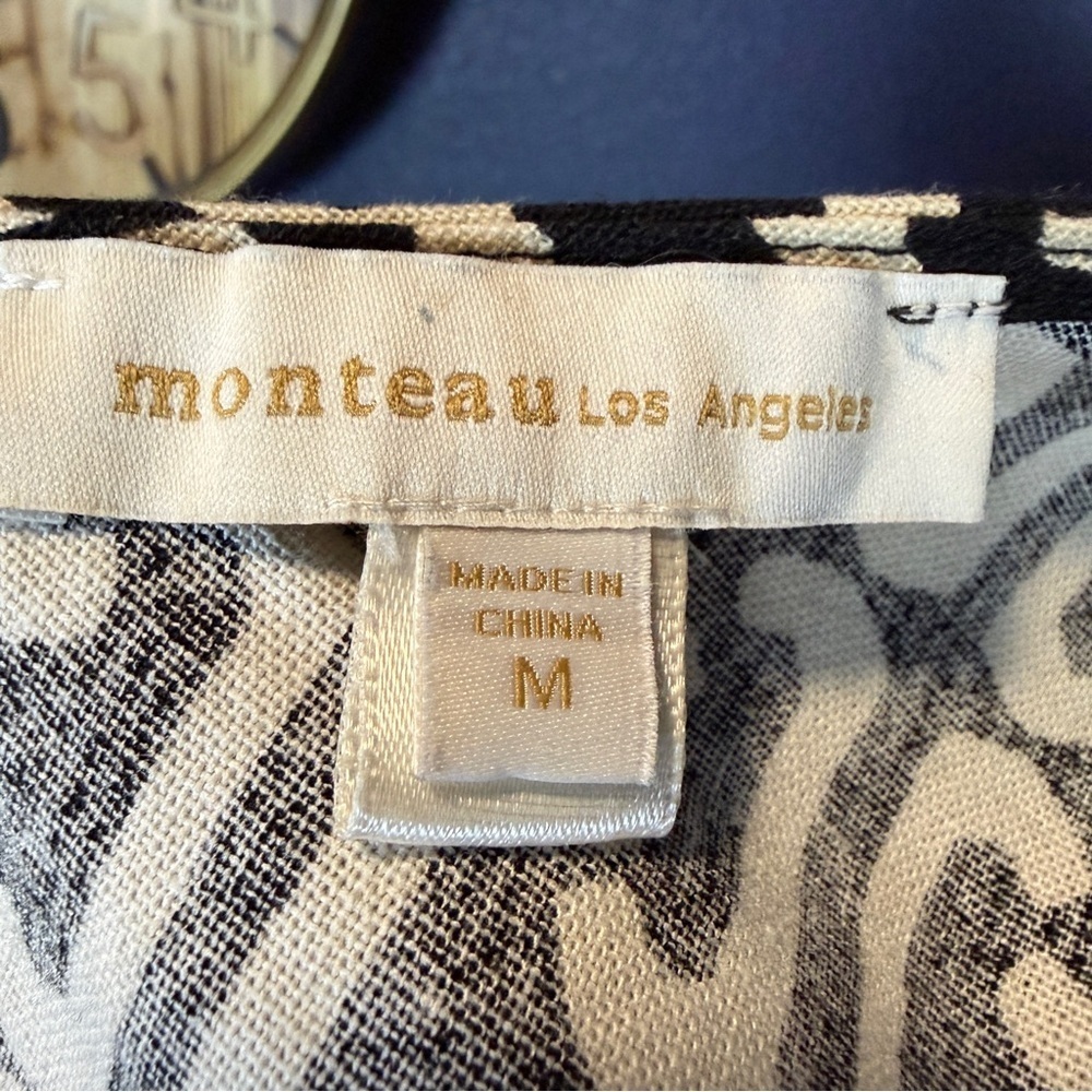 Monteau Black and Cream Geometric Belted Linen Blend Tank | Size Medium - Picture 6 of 8